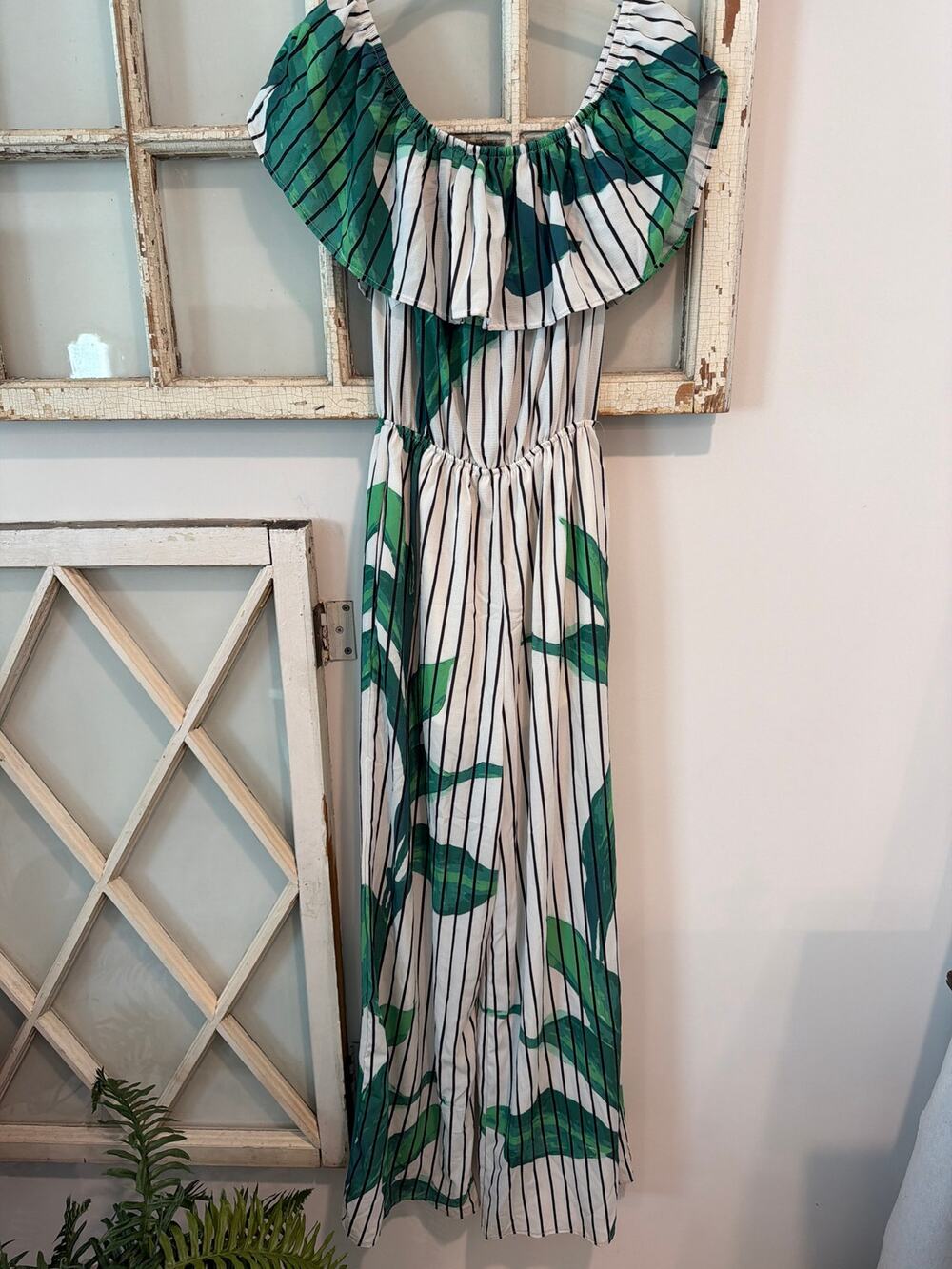 Jealous Tomato size small jumpsuit green leaf print and stripes